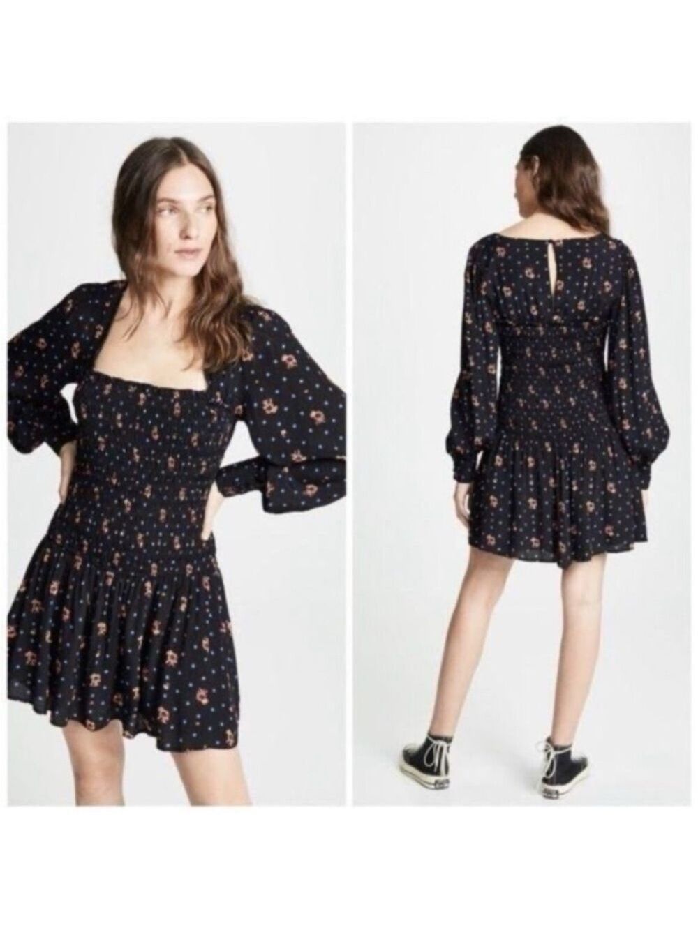 Free people two faces black smock drop waist long puff sleeve min dress